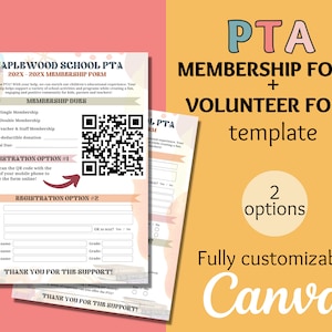 Editable PTA / PTO Membership Form and Volunteer form, PTA Membership Flyer fully customizable in Canva