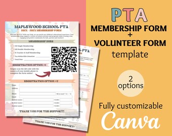 Editable PTA/PTO Membership & Volunteer Form, Canva Template (Digital Download)