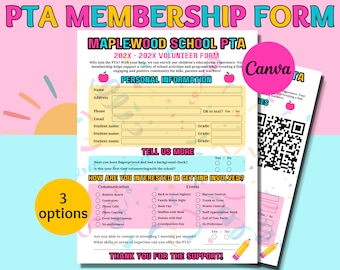 Editable PTA/PTO Membership Volunteer Form, QR Code Flyer (Canva Template)