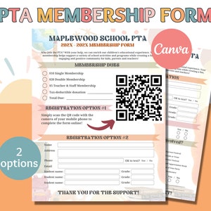 Editable PTA / PTO Membership Form and Volunteer form, PTA Membership Flyer fully customizable in Canva