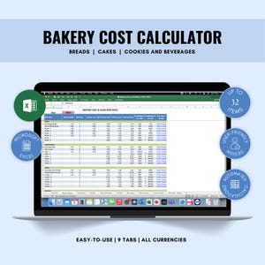 Calculadora de costos de panadería, herramienta integral de gestión de recetas, seguimiento de ganancias comerciales, precios de menús de panadería, organizador de recetas - MS Excel
