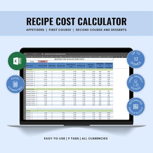 Rezeptkostenrechner, umfassendes Rezeptmanagement-Tool, Profit Tracking für Lebensmittelunternehmen, Preise für Restaurantmenüs, Rezept-Organizer-Excel