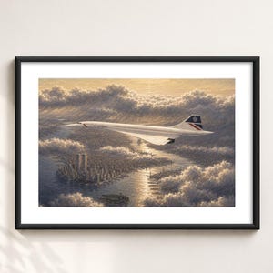 Könnte beinhalten: Ein gerahmter Kunstdruck, der ein weißes British Airways Concorde-Flugzeug im Flug über einer Stadt und einem Fluss zeigt. Die Szene ist vor einem Hintergrund aus dichten, golden beleuchteten Wolken bei Sonnenuntergang dargestellt.