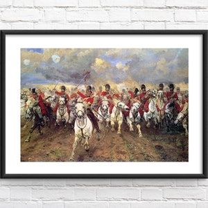 May include: Framed print of a historical painting depicting a cavalry charge. Soldiers in red coats ride white horses, charging forward. The artwork has a dramatic sky and a sense of movement.