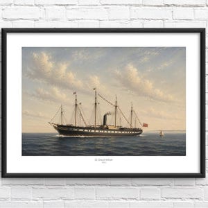 May include: A framed print featuring a painting of the SS Great Britain steamship sailing on the ocean under a cloudy sky. The ship has a black hull, multiple masts, and a central smokestack. The text SS Great Britain 1843 is printed below.