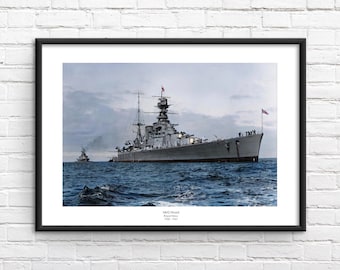 May include: A black and white photograph of the HMS Hood, a British battlecruiser, sailing on the open sea. The ship is flying the Union Jack flag. The photo is captioned "HMS Hood, Battlecruiser, 1920 - 1941."