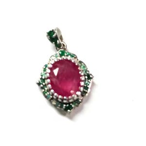 Ruby & Emerald Pendant: Handcrafted Sterling Silver Necklace, May July Birthstone