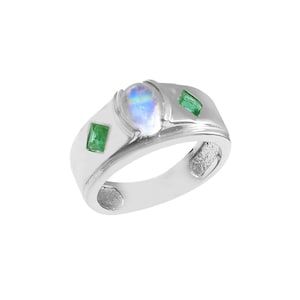 Rainbow Moonstone and Emerald Ring for Men – Three Stone Bezel Setting, Masculine Engagement Ring, Unique Jewelry for Him