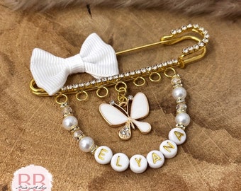Babypin mit Perlen und Schmetterling, Babyanstecknadel, Bebekigne, personalisierte Geschenke