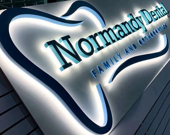 3D Backlit sign, Dental Clinic sign, Custom Gold Halolit Business Sign, Channel letters, Outdoor Storefront Sign, Backboard Illuminated Logo