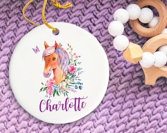 Personalized Horse Ornament - Floral Ceramic Ornament, Gift for Girl