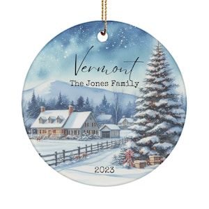 Personalized Christmas in Vermont family ornament - Custom Vermont winter keepsake - Vermont ski holiday ornament - holiday in Vermont