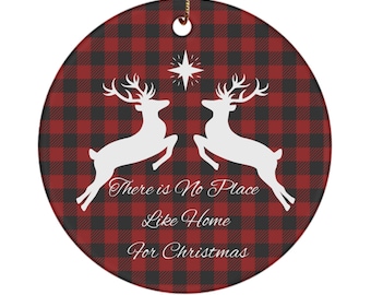 Buffalo Plaid Reindeer Christmas Ornament, Ceramic Holiday Decor