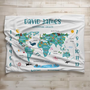 L'aventure attend les garçons Couverture, couverture personnalisée pour bébé garçon, couverture carte du monde avec prénom, couverture personnalisée pour fille