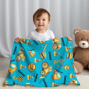 Monogrammed kids construction toy blanket, name blanket for boys, Construction Truck Blanket, Truck Gifts For Boys Personalized Name Blanket