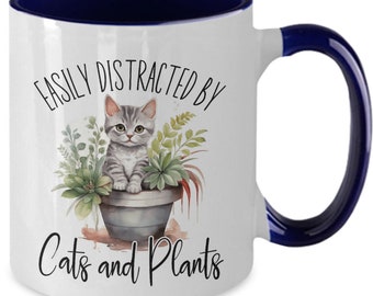 Easily Distracted by Cats and Plants Coffee Mug - Cat Lover Gift