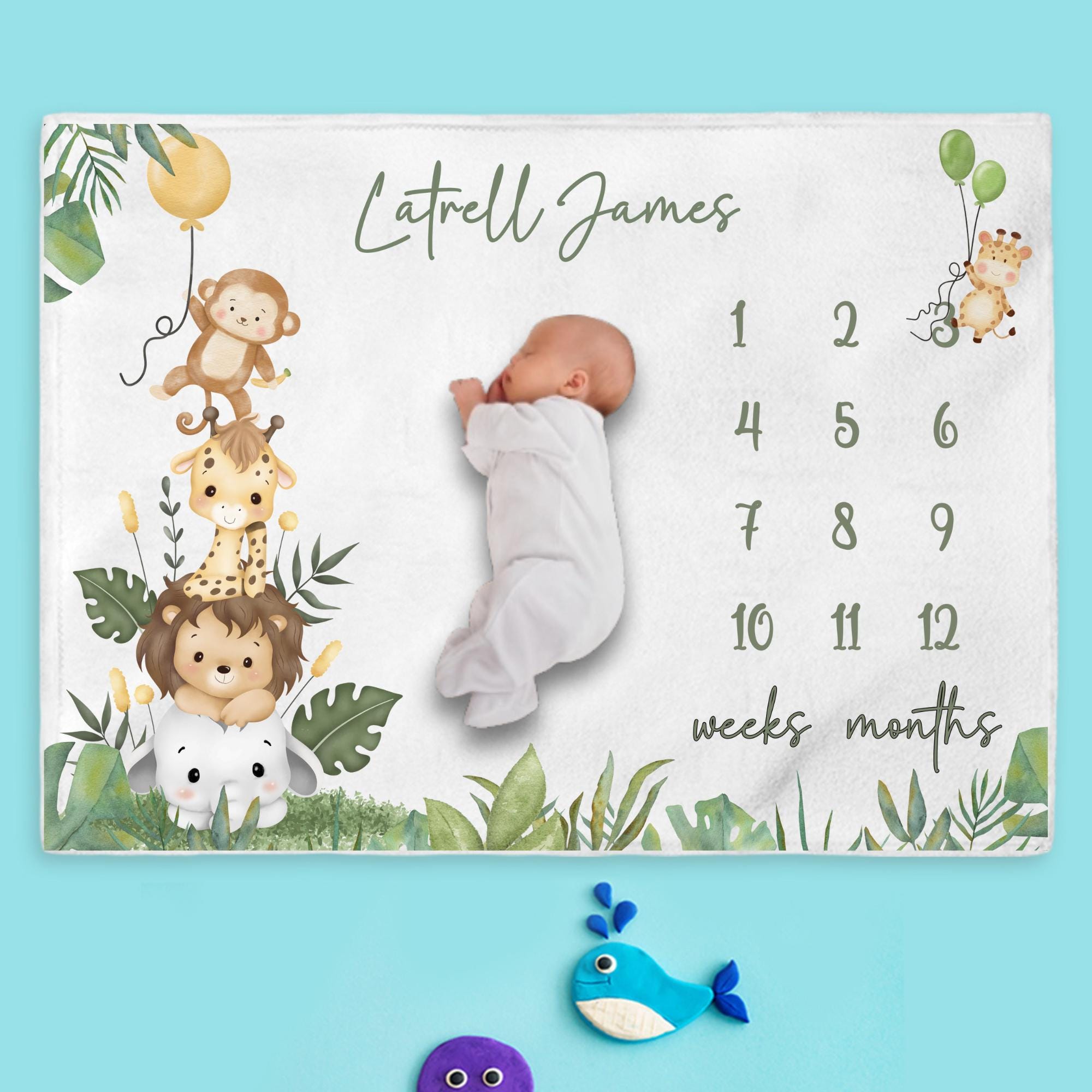 Personalized Safari Animal Baby Milestone Blanket, Jungle Theme - Etsy