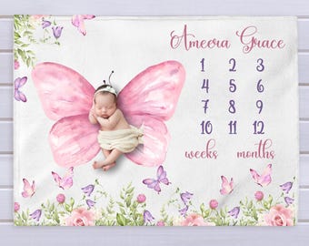 Personalized Baby Girl Milestone Blanket, Custom Butterfly Floral Velveteen, Minky, Sherpa