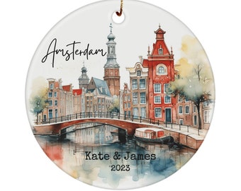 Custom Amsterdam canals ornament - Personalized Dutch ornament - holiday to the Netherlands keepsake - Amsterdam couples commemoration