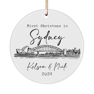Personized first christmas in sydney ornament - custom moving to sydney keepsake - sydney harbour skyline gifts - sydney australia