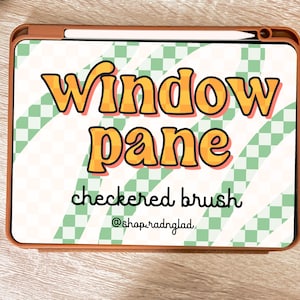 Könnte beinhalten: Ein Tablet in einer braunen Hülle mit einem weißen Eingabestift, das eine digitale Grafik mit hellgrün-weißem Karomuster anzeigt. Der Text lautet Window pane, checkered brush und @shop_radnglad in einer fetten, orangefarbenen Schrift.