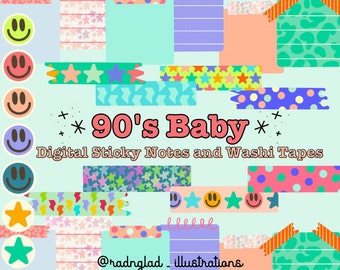 90's Baby Digital Sticky Notes and Washi Tape Pack / Digital Stickers / Goodnotes Pre-cropped Sticker Sheet / Hand Drawn Clip Art
