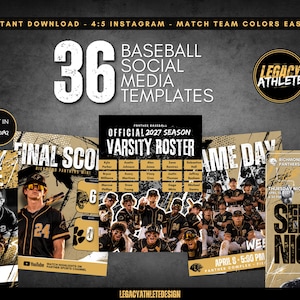 May include: A collection of 36 baseball social media templates featuring black and gold colour schemes. The designs include text such as 36 BASEBALL SOCIAL MEDIA TEMPLATES, OFFICIAL 2027 SEASON VARSITY ROSTER, PLAYER OF THE GAME, FINAL SCORE, and SENIOR NIGHT.