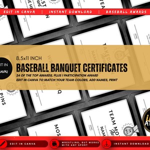 May include: A collection of 8.5x11 inch baseball banquet certificate templates featuring black and white designs with laurel wreath icons. The text includes Baseball Banquet Certificates, 24 of the top awards, plus 1 participation award, and Edit in Canva.