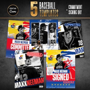 Peut inclure: Cinq modèles de baseball pour les annonces de signature et d'engagement. Les designs présentent des photographies d'un joueur de baseball en uniforme, le texte MAXX NEEMAN, COMMITTED, SIGNED, et divers éléments graphiques en bleu, jaune et rouge.