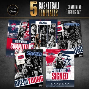 May include: A set of five basketball-themed digital templates featuring action shots of a player in a black jersey with the number 4. The designs include text such as 5 BASKETBALL TEMPLATES, COMMITMENT, SIGNING DAY, DREW YOUNG, COMMITTED, and SIGNED.