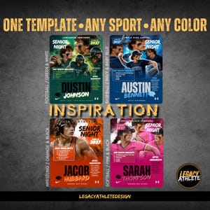 K&ouml;nnte beinhalten: Eine digitale Grafikdesign-Vorlage f&uuml;r Senior Night Sportplakate mit vier Beispielen in Gr&uuml;n, Blau, Orange und Pink. Jedes Layout bietet Platz f&uuml;r Athletenfotos, Namen, Abschlussjahr 2027 und sportliche Highlights. Text liest ONE TEMPLATE ANY SPORT ANY COLOR INSPIRATION.