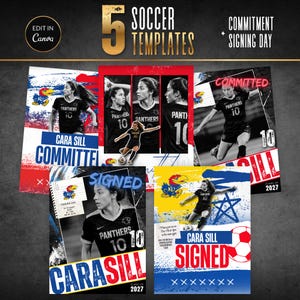 Könnte beinhalten: Fünf digitale Fußballvorlagen für Ankündigungen zur Verpflichtung und Unterzeichnung. Die Designs zeigen eine Fußballspielerin im schwarzen Trikot mit der Nummer 10, den Text Cara Sill, Committed, Signed und Class of 2027 sowie blaue und rote Grafikelemente.