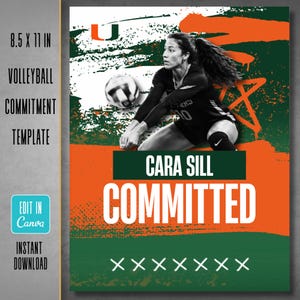 Op de afbeelding: Een 21,59 x 27,94 cm volleybal commitment sjabloon met een zwart-wit actiefoto van een speler die een volleybal passt. Het ontwerp bevat oranje en groene penseelstreekafbeeldingen, de tekst Cara Sill, Committed en een oranje ster.