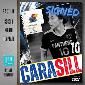 Peut inclure: Un modèle numérique de journée de signature de football de 21,6 x 27,9 cm avec une photo en noir et blanc d'un joueur en maillot Panthers. Le design inclut le texte SIGNED, CARASILL et 2027, ainsi qu'un graphique de mascotte KU et des détails.