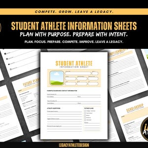 Könnte beinhalten: Eine Sammlung von Informationsblättern für studentische Athleten mit schwarzem und goldenem Text. Die Dokumente enthalten Abschnitte für Kontaktdaten, Zukunftspläne und Ziele, mit Überschriften wie Student Athlete Information Sheet.
