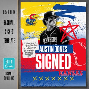 May include: A digital template for an 8.5 by 11 inch baseball signing event featuring a player in a black Panthers jersey, a yellow and blue background with a red star, a baseball graphic, and text reading Austin Jones Signed Kansas.