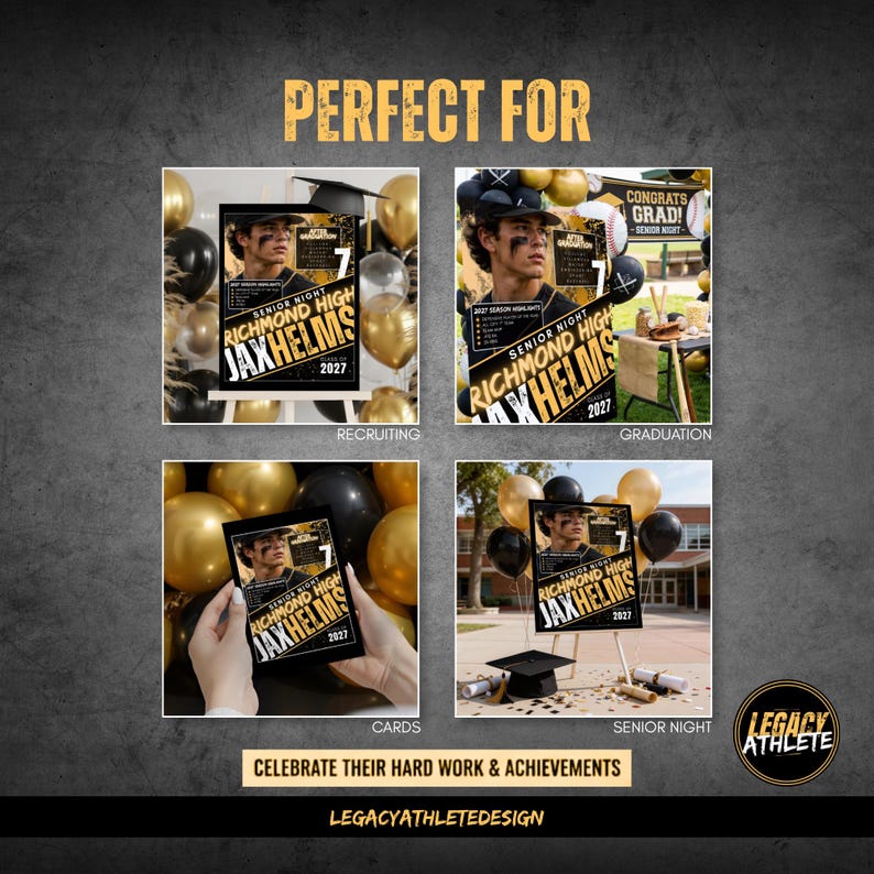 K&ouml;nnte beinhalten: Eine Collage aus vier rechteckigen Schildern mit dem Portr&auml;t eines Baseballspielers sowie dem Text "Richmond High", "Jax Helms", "Class of 2027" und "Senior Night". Die Schilder sind in verschiedenen Umgebungen mit goldenen und schwarzen Luftballons zu sehen.