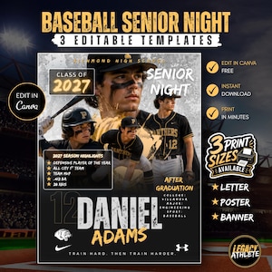 Könnte beinhalten: Eine digitale Grafikvorlage für einen Baseball Senior Night mit drei Fotos eines Baseballspielers in schwarz-goldener Uniform. Der Text enthält Baseball Senior Night, Class of 2027, Daniel Adams und 2027 Season Highlights.