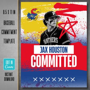 May include: A digital graphic template measuring 8.5 by 11 inches featuring a baseball player in a black jersey with the text JAX HOUSTON COMMITTED. The design includes a yellow, red, and blue paint splatter background, a KU logo, and a red star.
