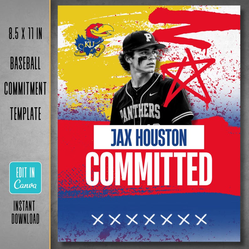 K&ouml;nnte beinhalten: Eine digitale Grafikvorlage von 21,59 x 27,94 cm mit einem Baseballspieler im schwarzen Trikot und dem Text JAX HOUSTON COMMITTED. Das Design zeigt einen Hintergrund mit gelben, roten und blauen Farbspritzern, ein KU-Logo und einen roten Stern.