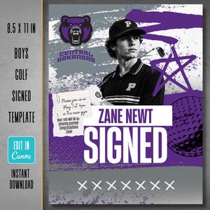 Peut inclure: Un modèle numérique de 21,6 x 27,9 cm pour un événement de signature de golf pour garçons avec un design graphique violet et gris. Il comprend une photo d'un golfeur, un logo d'ours, une illustration de balle de golf et le texte Zane Newt Signed.