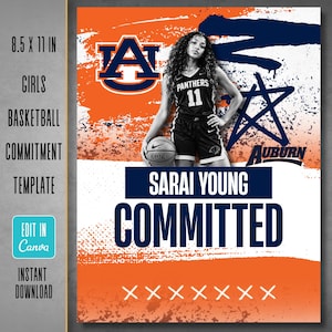 Modelo gráfico para anúncio de compromisso de jogadora de basquete feminino, editável no Canva, postagem sobre compromisso com a faculdade, anúncio ousado e grunge de atleta | Série Momentum