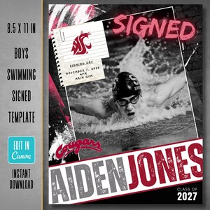 Boys Swimming Signing Day Template, College Commitment Graphic, Editable Canva Design (Instant Download)