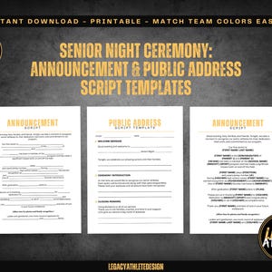 May include: A digital template set for a senior night ceremony featuring announcement and public address scripts. The documents include fillable fields for athlete names, sports, and achievements, presented in a clean, professional layout with gold text on a dark background.