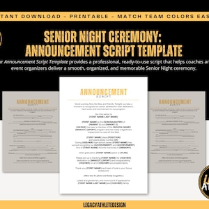 May include: A digital template for a Senior Night Ceremony announcement script featuring black and white text on a light background. The document includes fillable fields for athlete names, school details, and achievements, with the title ANNOUNCEMENT SCRIPT printed in bold gold lettering at the top.