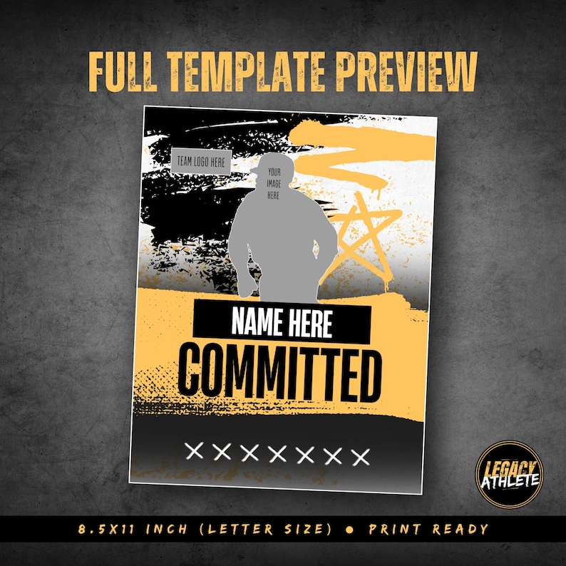 K&ouml;nnte beinhalten: Eine Grafikdesign-Vorlage mit einer schwarz-gelben Spr&uuml;hfarben-&Auml;sthetik. Sie enth&auml;lt eine graue Silhouette eines Athleten, eine Stern-Grafik und Textplatzhalter mit der Aufschrift FULL TEMPLATE PREVIEW, TEAM LOGO HERE, YOUR IMAGE HERE, NAME HERE, COMMITTED und XXXXXXX.