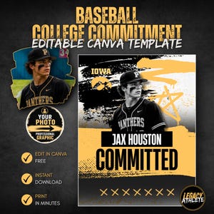 K&ouml;nnte beinhalten: Eine digitale Grafikdesign-Vorlage f&uuml;r eine Baseball-College-Commitment-Ank&uuml;ndigung. Das Layout zeigt ein schwarz-gelbes Farbschema mit einem Baseballspieler in Kappe und Trikot, dem Text JAX HOUSTON COMMITTED und IOWA.