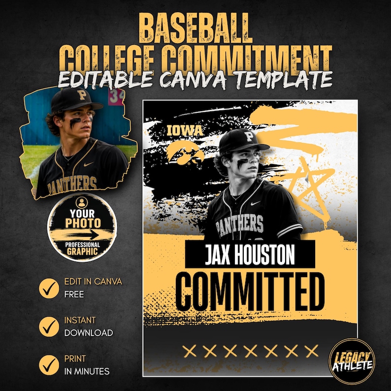 K&ouml;nnte beinhalten: Eine digitale Grafikdesign-Vorlage f&uuml;r eine Baseball-College-Commitment-Ank&uuml;ndigung. Das Layout zeigt ein schwarz-gelbes Farbschema mit einem Baseballspieler in Kappe und Trikot, dem Text JAX HOUSTON COMMITTED und IOWA.
