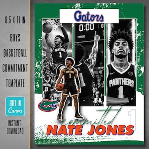 May include: A digital 8.5 x 11 inch basketball commitment template featuring a collage of a player in a black Panthers jersey with the number 1. The design includes the text Gators, Nate Jones, and the number 1, with a green and white color scheme.
