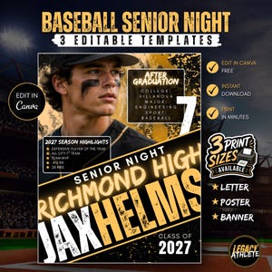 Könnte beinhalten: Eine digitale Vorlage für ein Baseball Senior Night Plakat mit einem Foto eines Baseballspielers mit Eye-Black. Das Design enthält Text wie BASEBALL SENIOR NIGHT, RICHMOND HIGH, JAX HELMS, CLASS OF 2027 und 2027 SEASON HIGHLIGHTS.